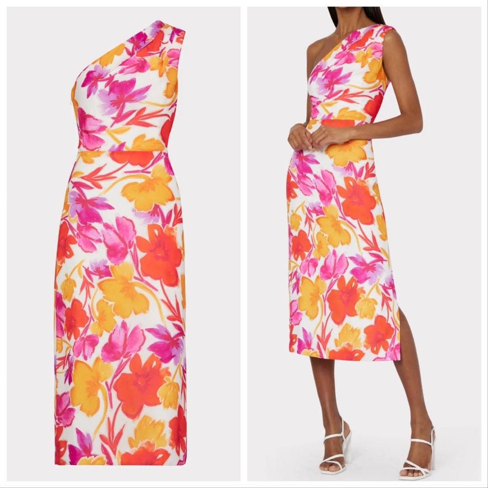Milly Elin Floral Paper Peony One-Shoulder Midi Cocktail Dress